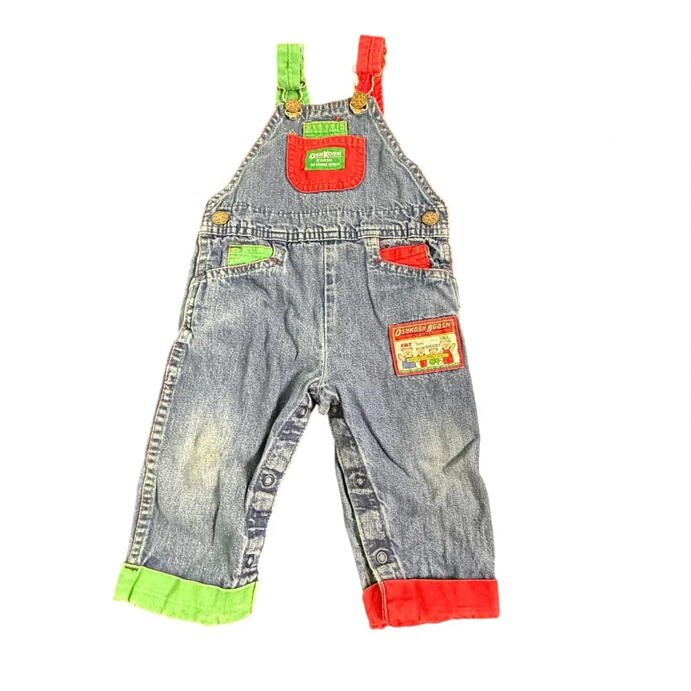 OshKosh B'gosh Overalls Kids 18M Blue Red Green Denim Vintage USA Bear Patch Fat